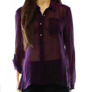 HALOGEN Sheer Plaid Button Down Blouse Long Sleeve